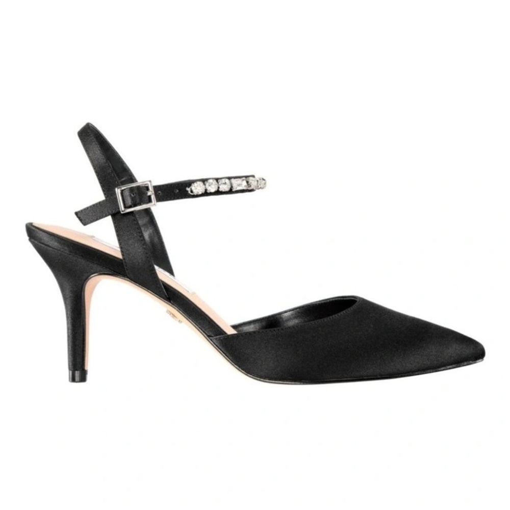 Nina Black Satin Heels with Rhinestone Strap